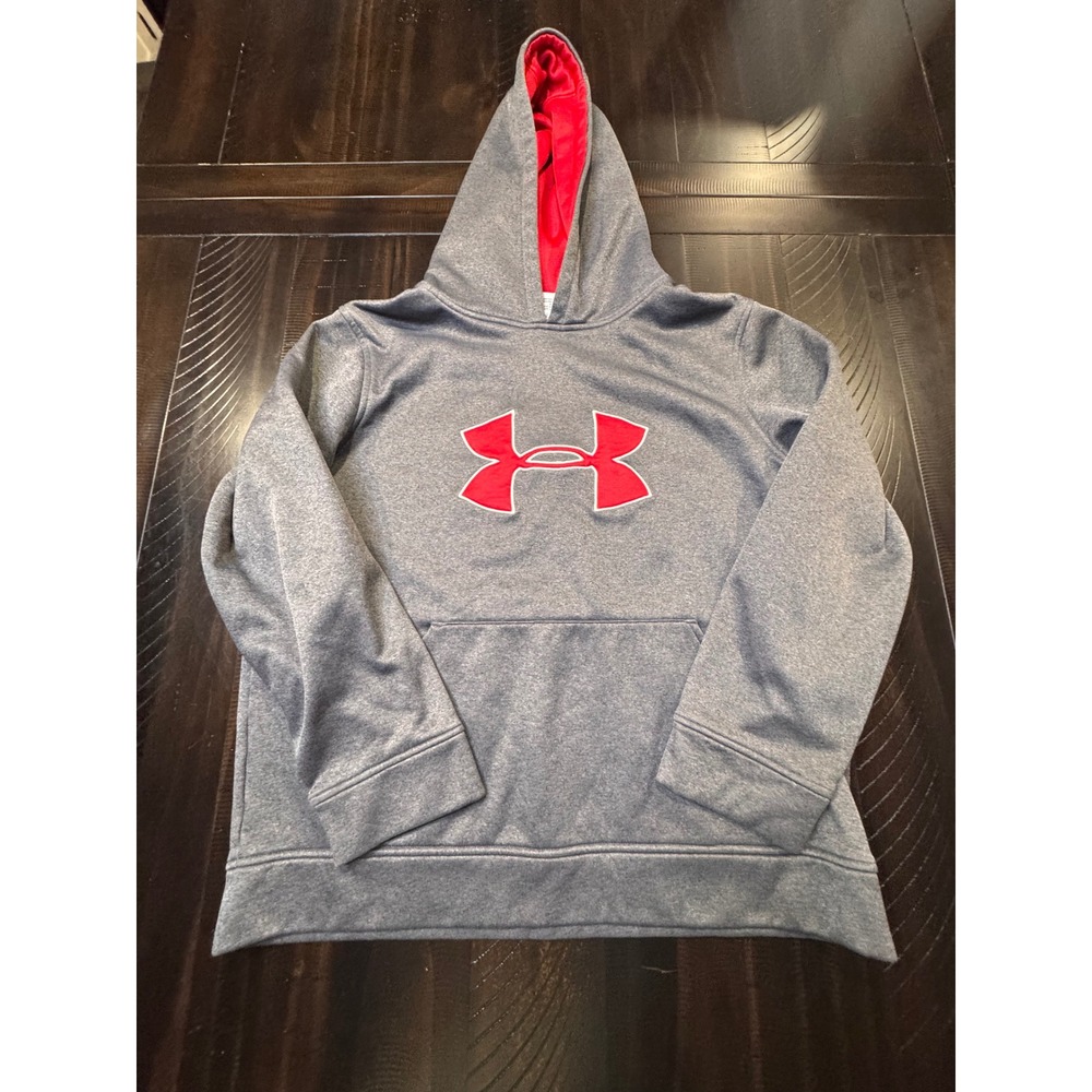 Under Armour Boys Gray Red Big Logo Hoodie Sweatshirt YLG Large Pullover